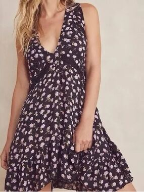 Free People Floral V-Neck Black Mini Dress with Pink Print